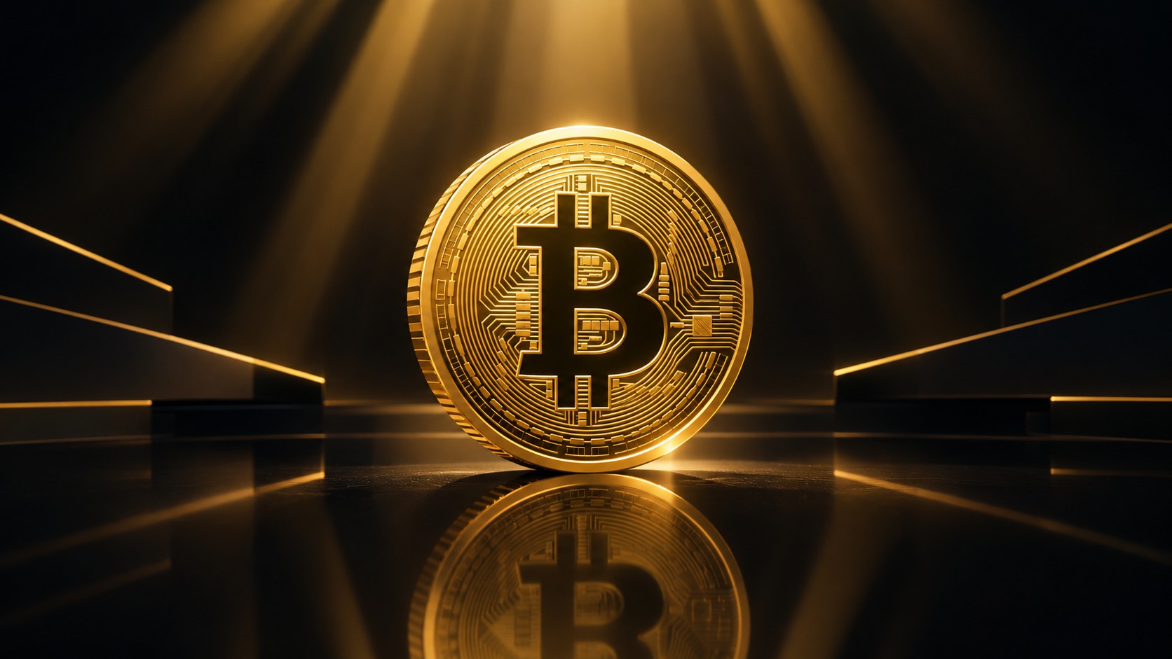 Gleaming physical bitcoin coin standing upright on a reflective dark surface